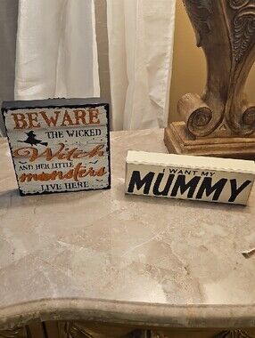 Cream and Black "Mummy" Decorative Block Sign And Beware Monster Home Wall Decor